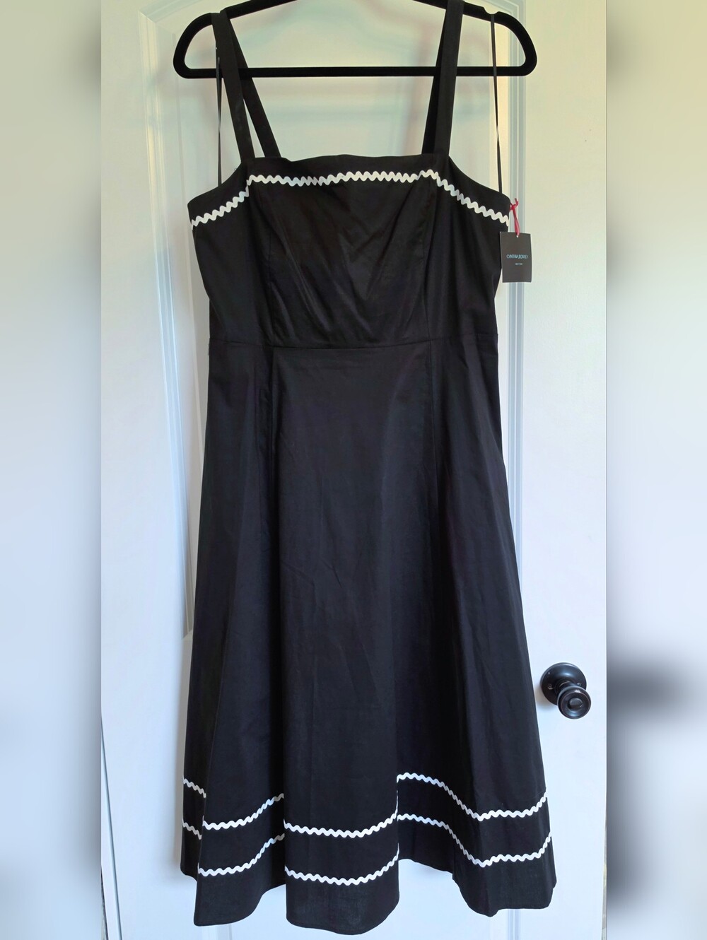 Cynthia Rowley Black Midi Dress with White Ric Rac Trim